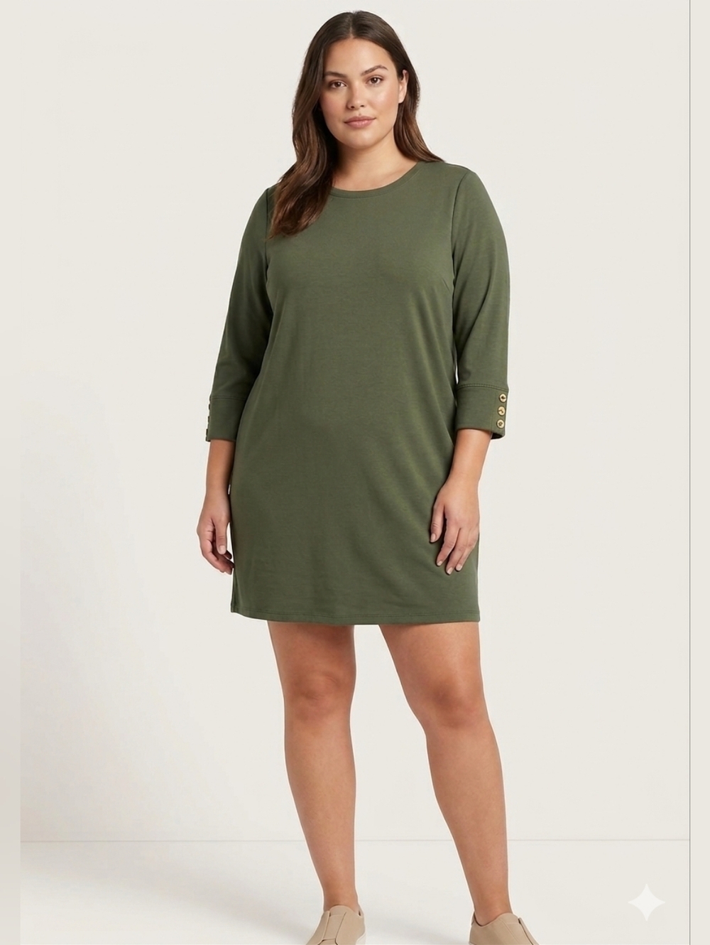 DENIM & CO. Stretch Knit Dress - XL - Scoop Neck 3/4 Sleeve w/Button Trim New